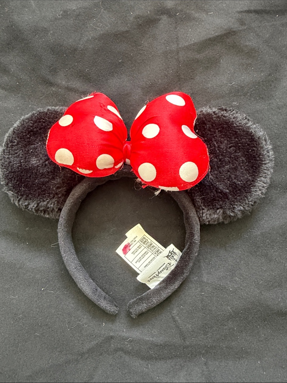 Vintage Disney Black Plush Minnie Ear Headband with Red Polka Dot Bow